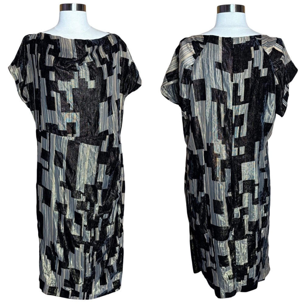 Donna Karan New York Metallic Velvet Cowl Neck Short Sleeve Career Dress Size 16